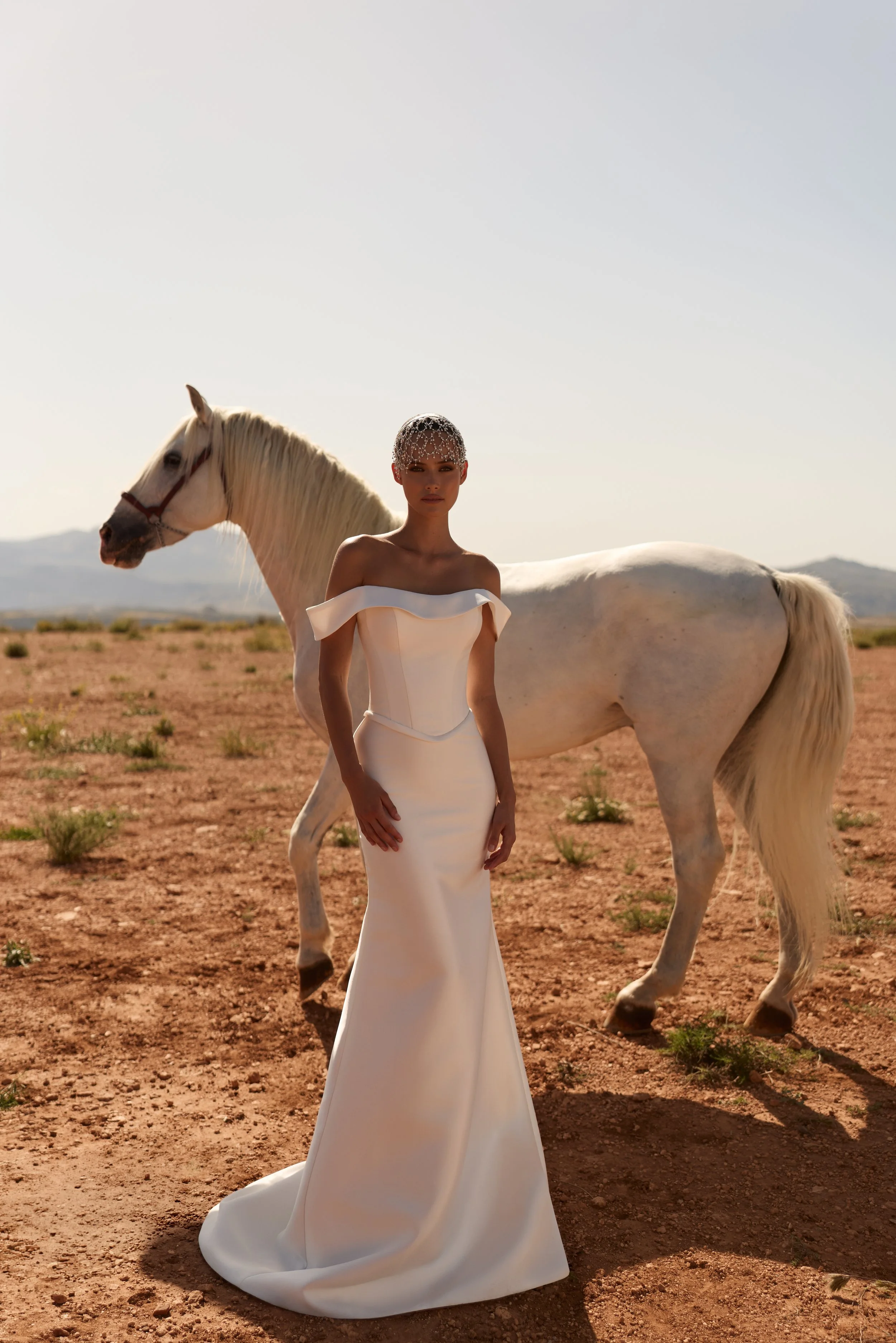 off-the-shoulder wedding dress, satin wedding dress, corset wedding dress, detachable overskirt wedding dress, convertible wedding dress, minimalist wedding dress NYC