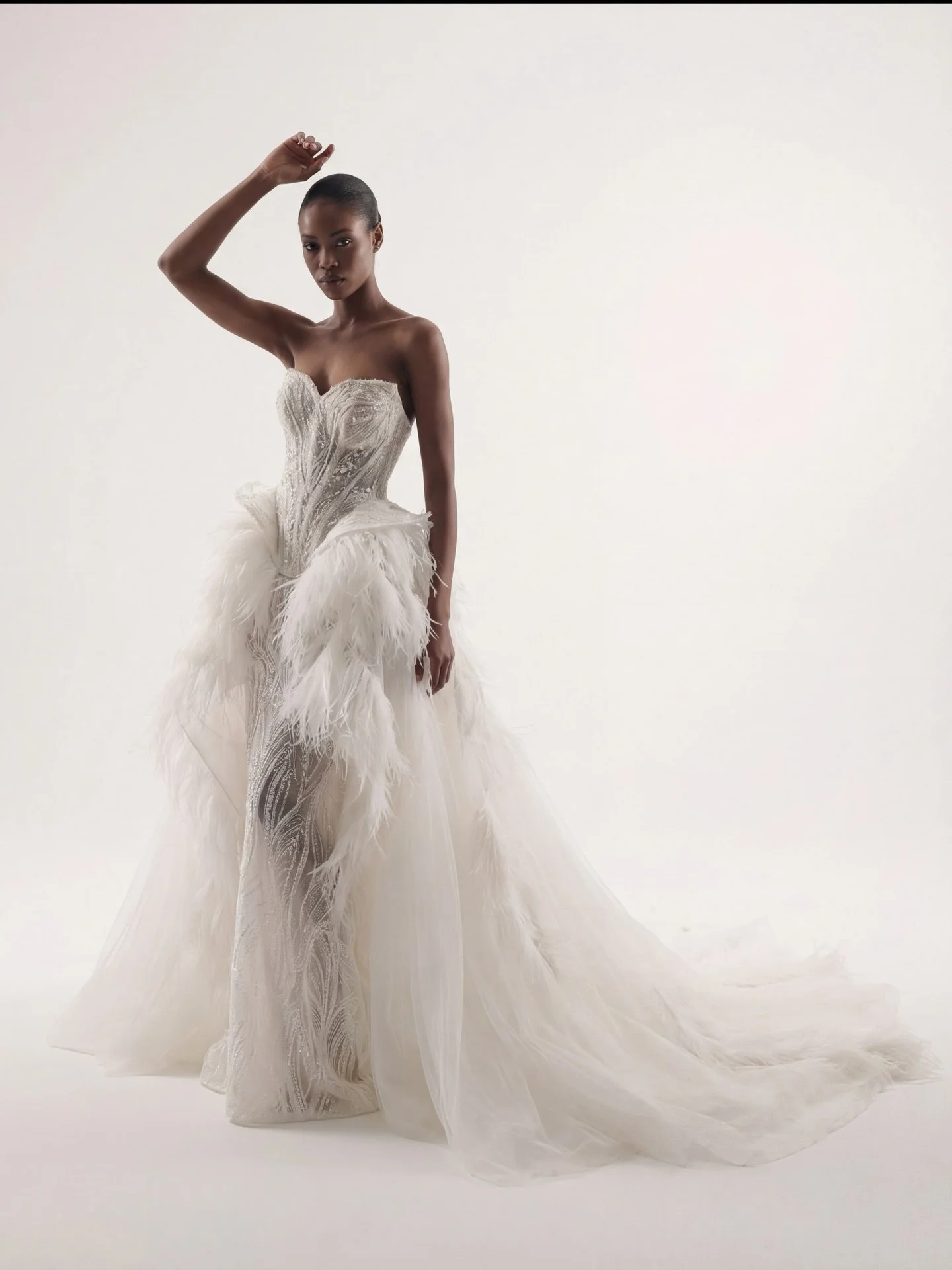 Lana Marinenko Feather Wedding Dress | Beaded Corset Gown with Feather Basque & Tulle Overskirt