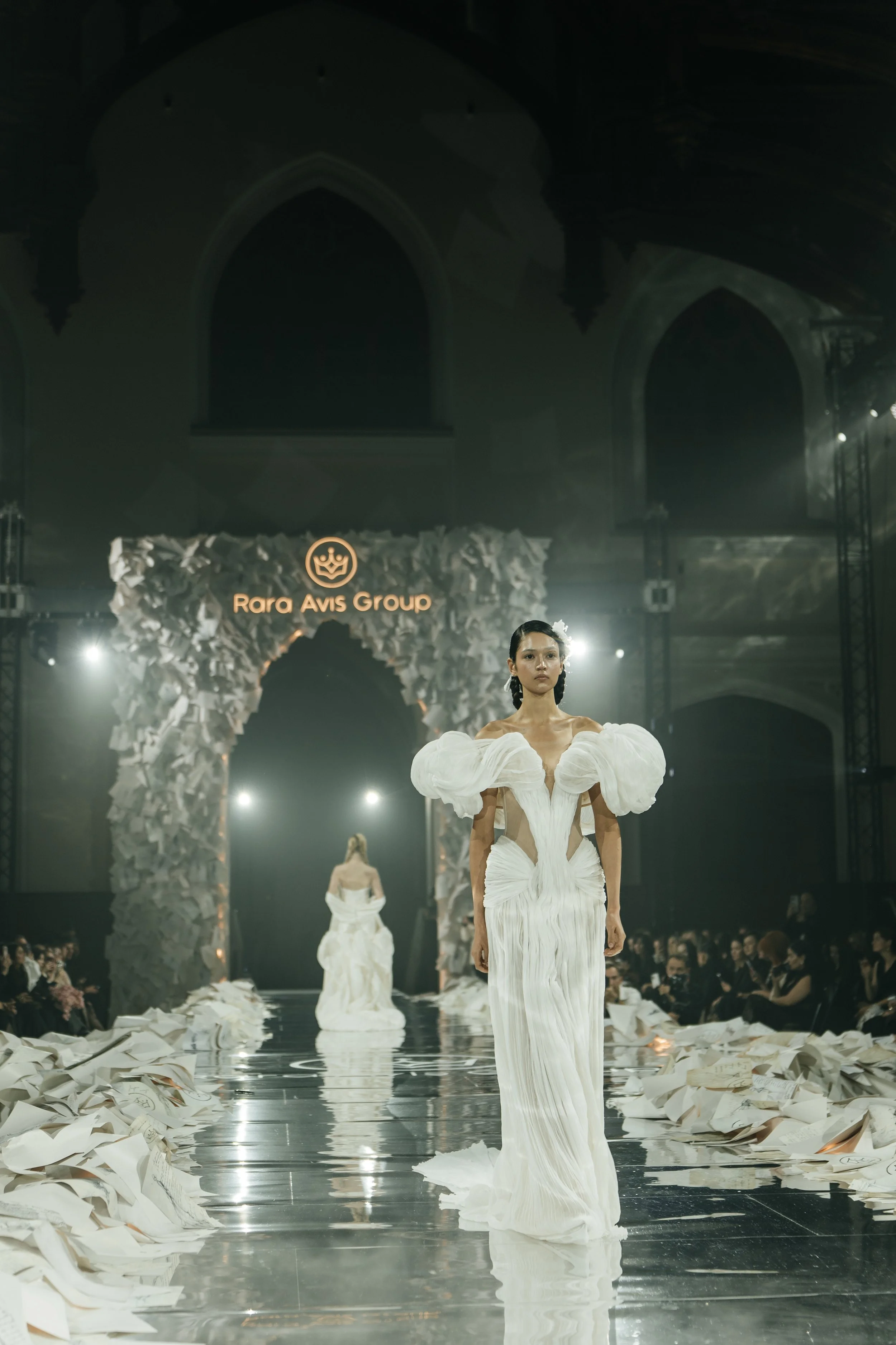 Glee wedding dress by Rara Avis — full front view of handmade silk bridal gown with off-shoulder volume from Anima Mea collection