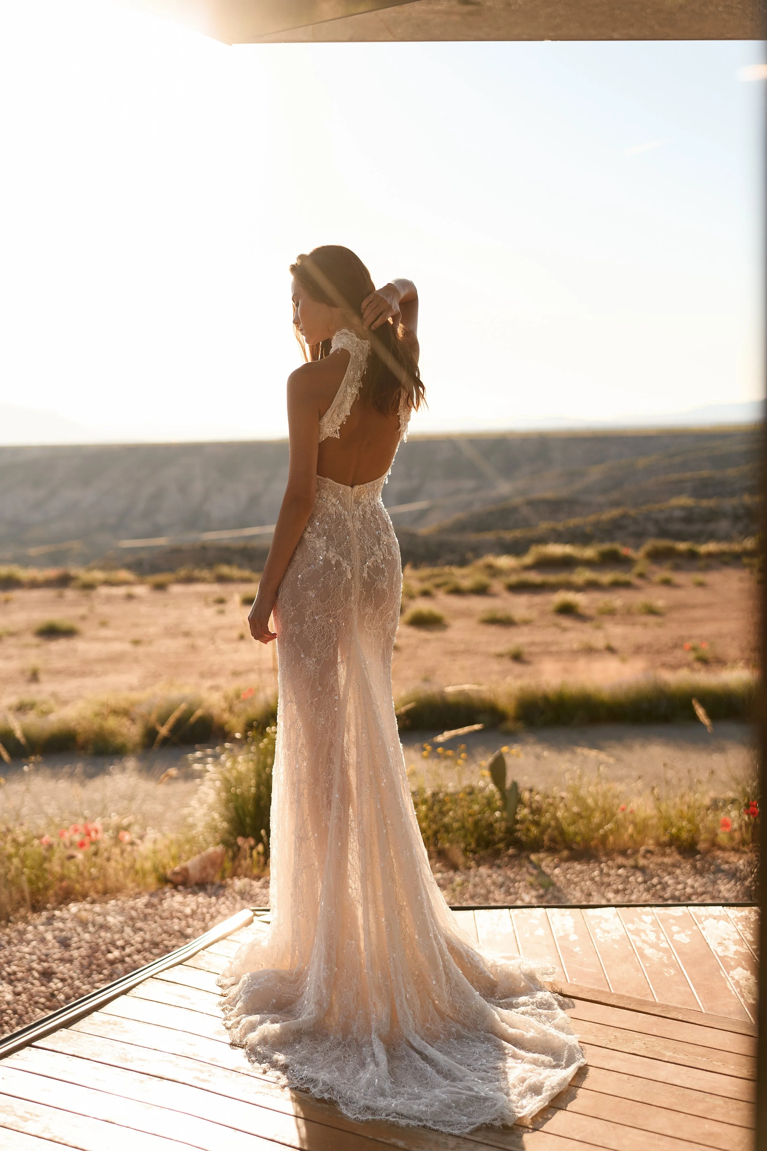 open back wedding dress, beaded lace wedding dress, halter neck wedding dress, sheer lace wedding gown, high neck lace wedding dress, fitted lace wedding dress NYC
