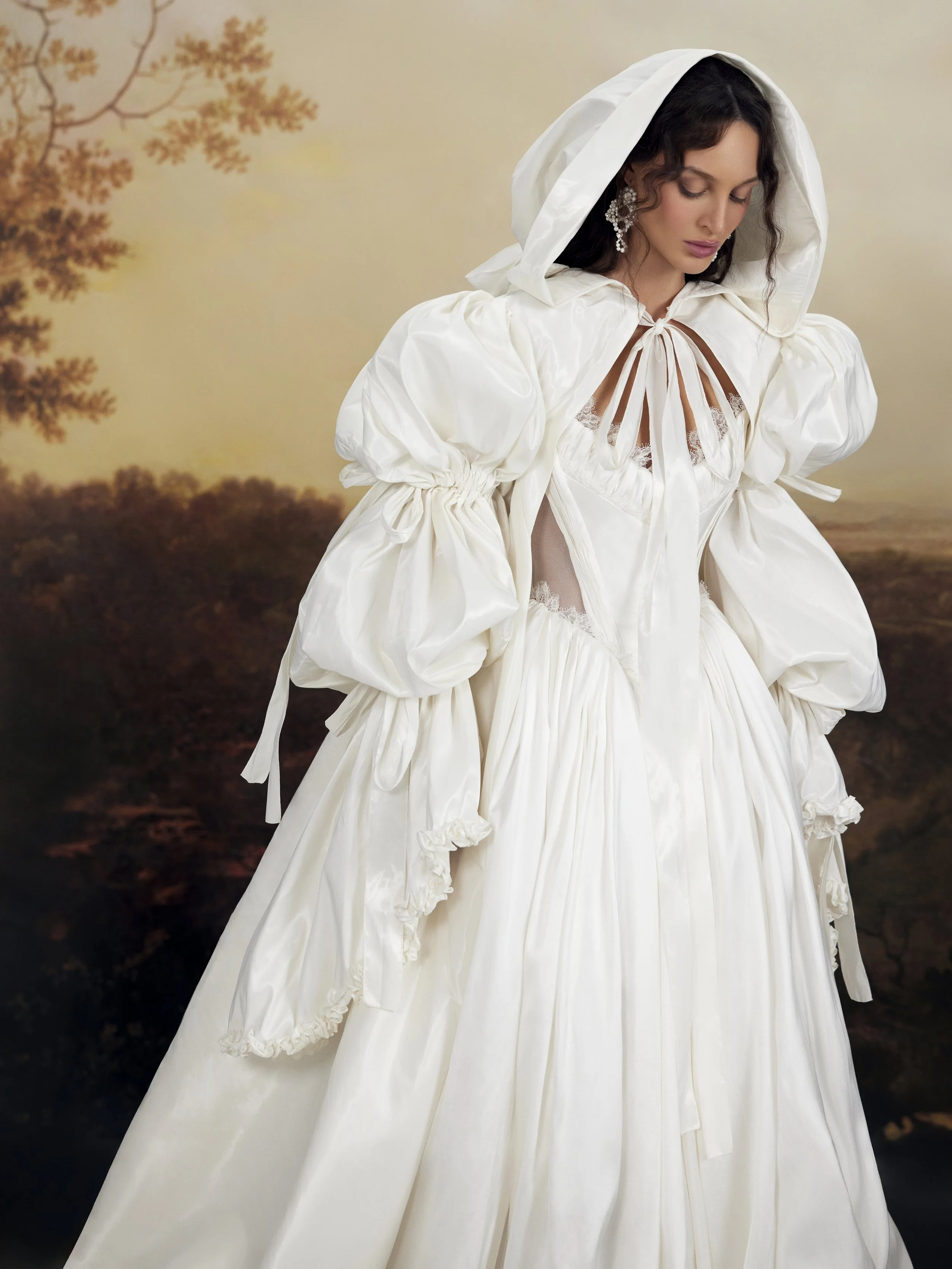 Albert by Rara Avis full bridal look — Marie Antoinette–inspired raw silk ball gown with corset bodice and pleated skirt