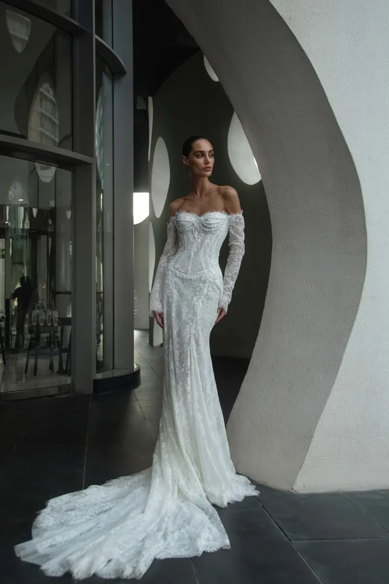 Kaystine mermaid wedding dress by Natalia Romanova in floral lace with strapless corset bodice — Liza Ray Bridal New York