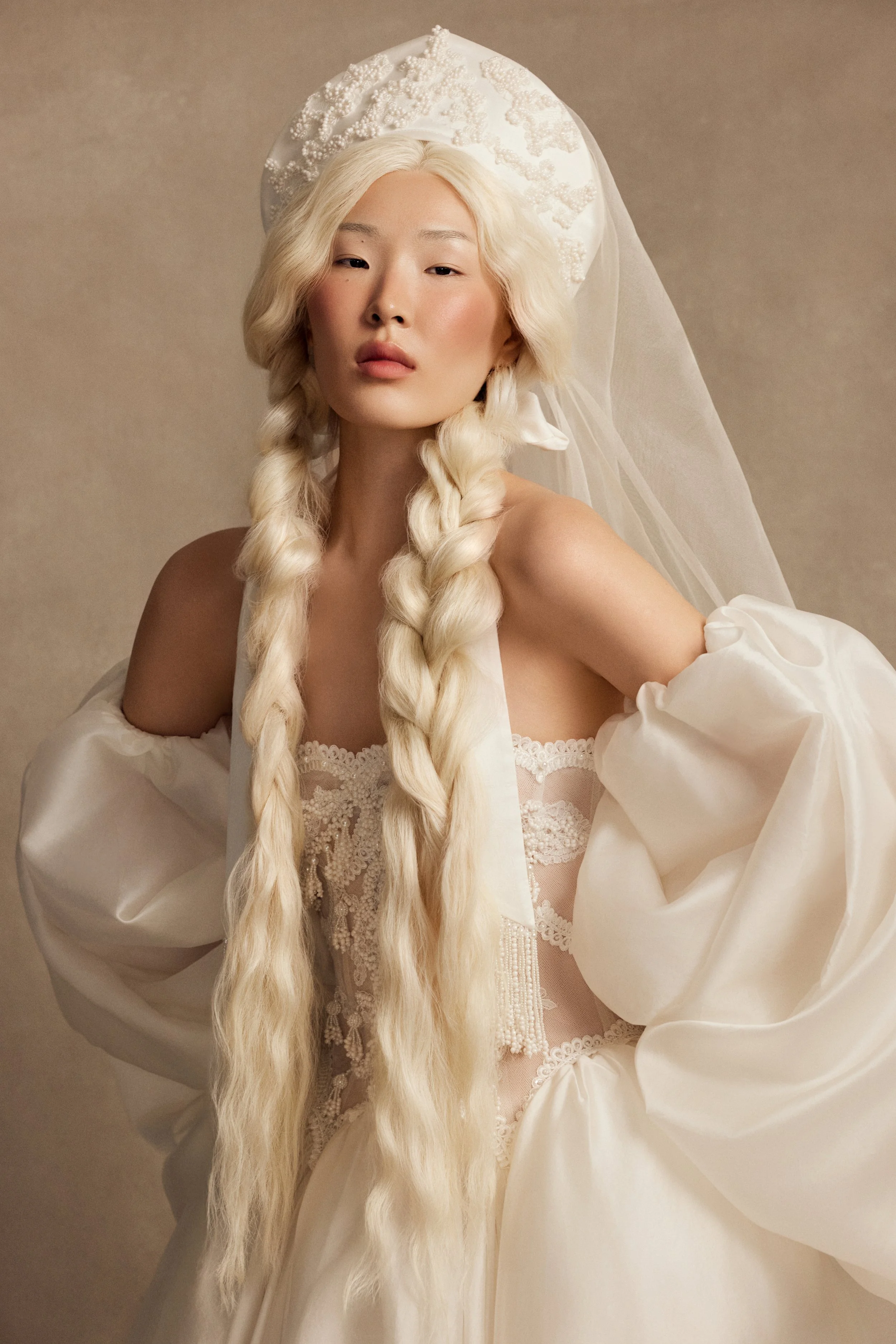 Bliss wedding dress by Rara Avis — full front view of princess lace corset bridal gown with pearl embroidery, beaded tassels, and puffed cream silk skirt