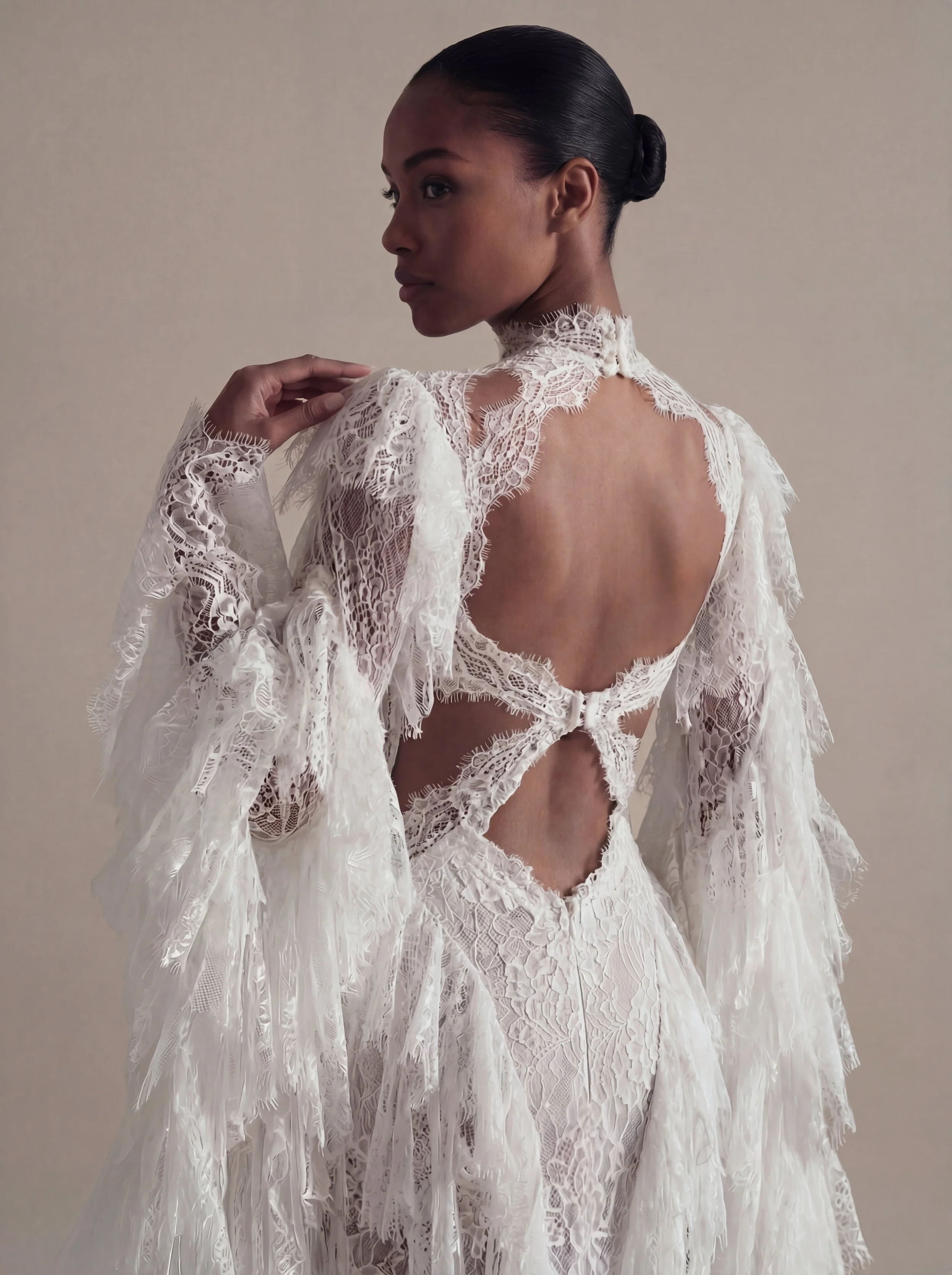 Vintage-inspired gothic lace wedding gown with dramatic sleeves – Odette by Lana Marinenko