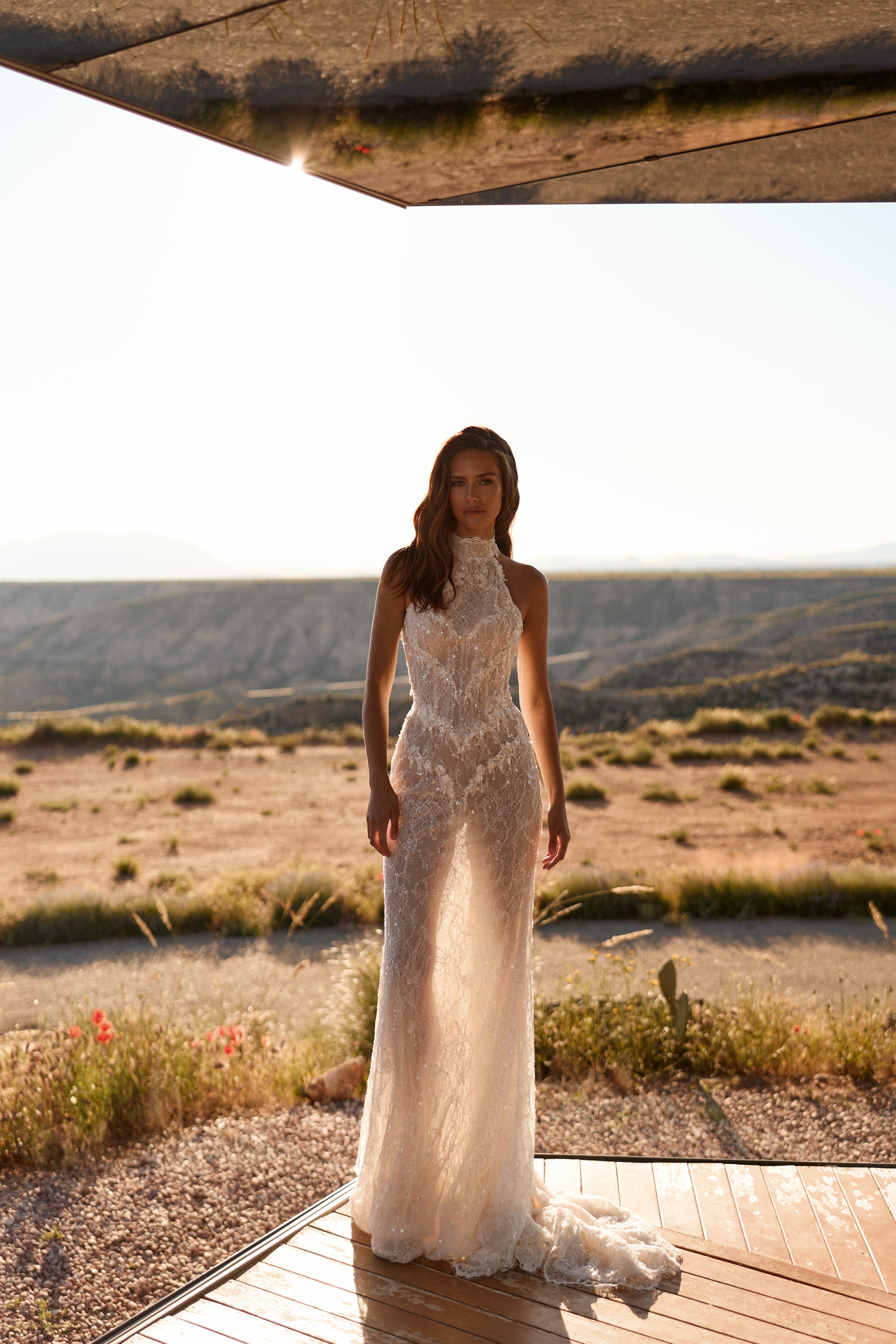 open back wedding dress, beaded lace wedding dress, halter neck wedding dress, sheer lace wedding gown, high neck lace wedding dress, fitted lace wedding dress NYC