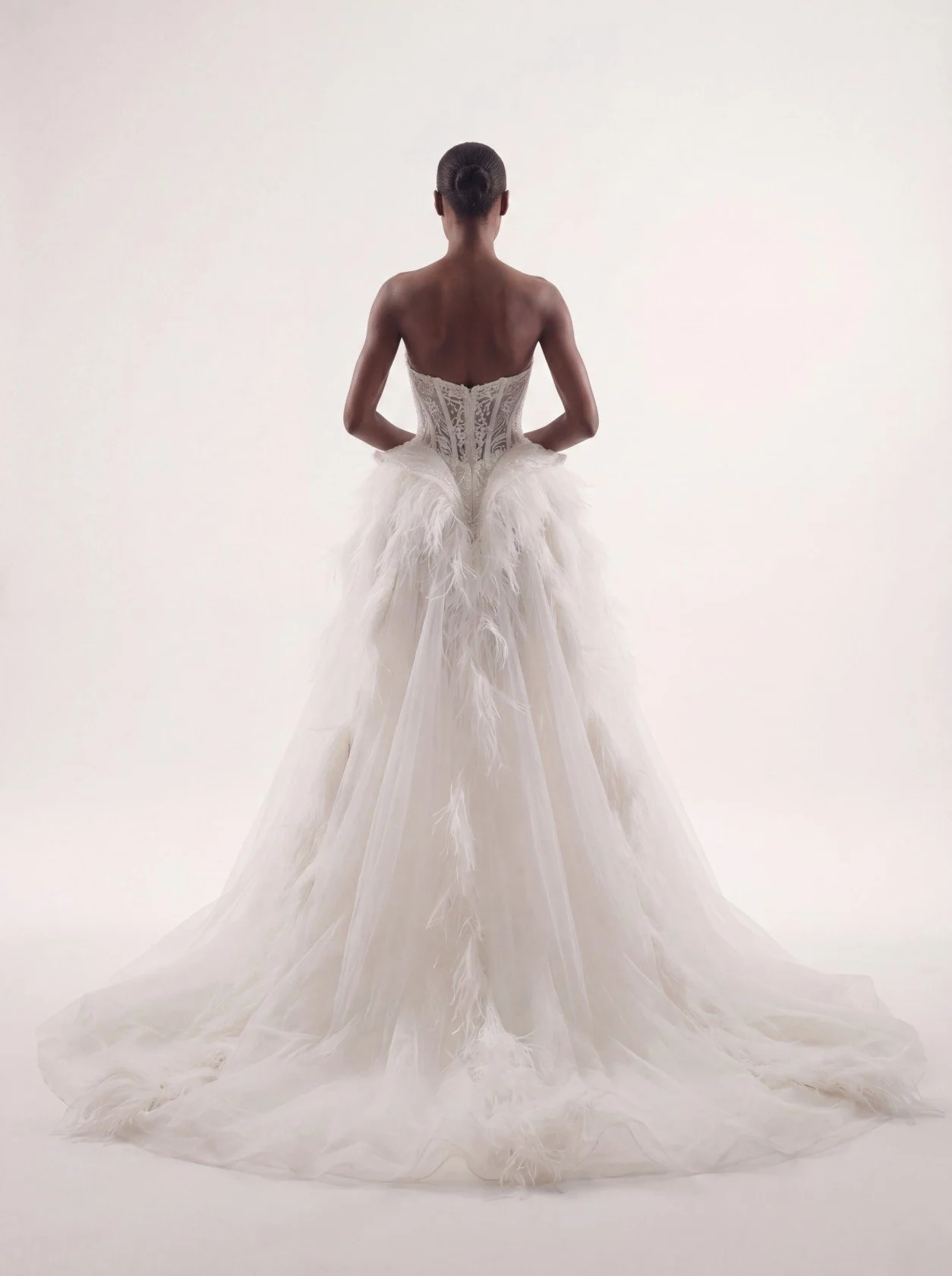Lana Marinenko Feather Wedding Dress | Beaded Corset Gown with Feather Basque & Tulle Overskirt