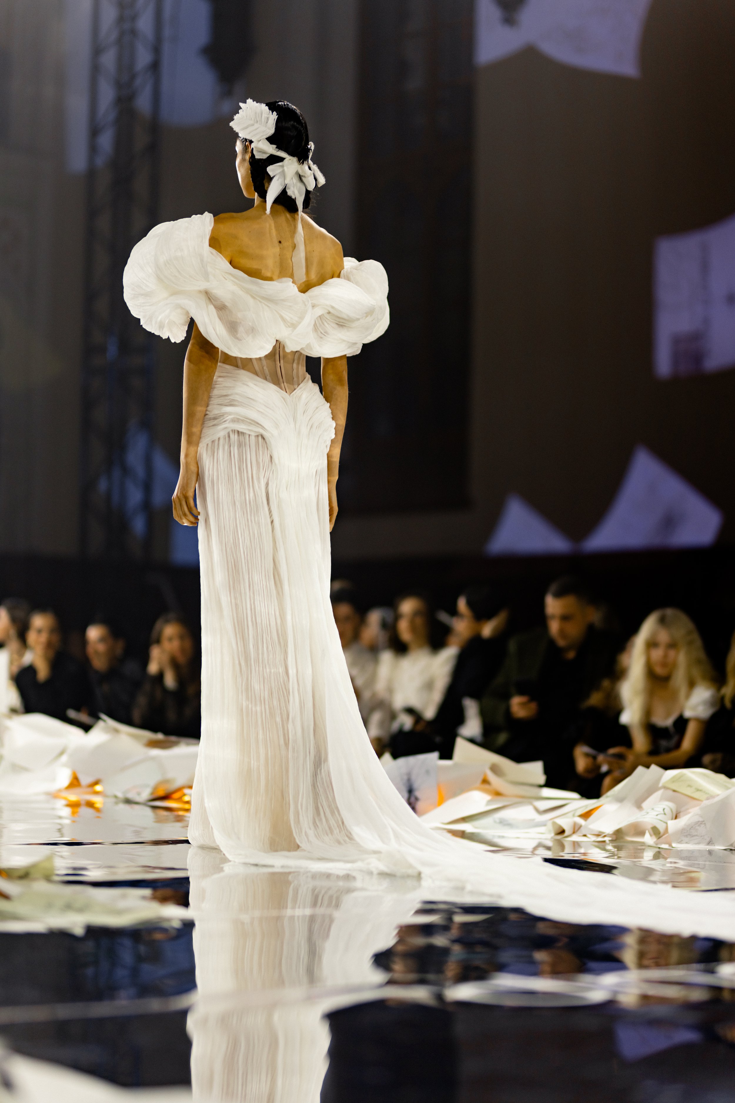 Glee wedding dress by Rara Avis — full front view of handmade silk bridal gown with off-shoulder volume from Anima Mea collection