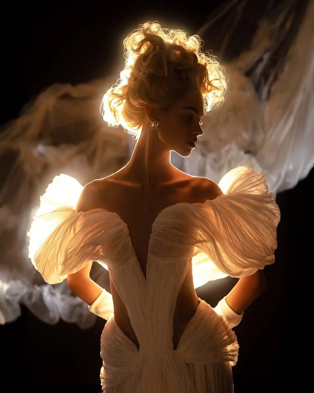 Glee wedding dress by Rara Avis — full front view of handmade silk bridal gown with off-shoulder volume from Anima Mea collection