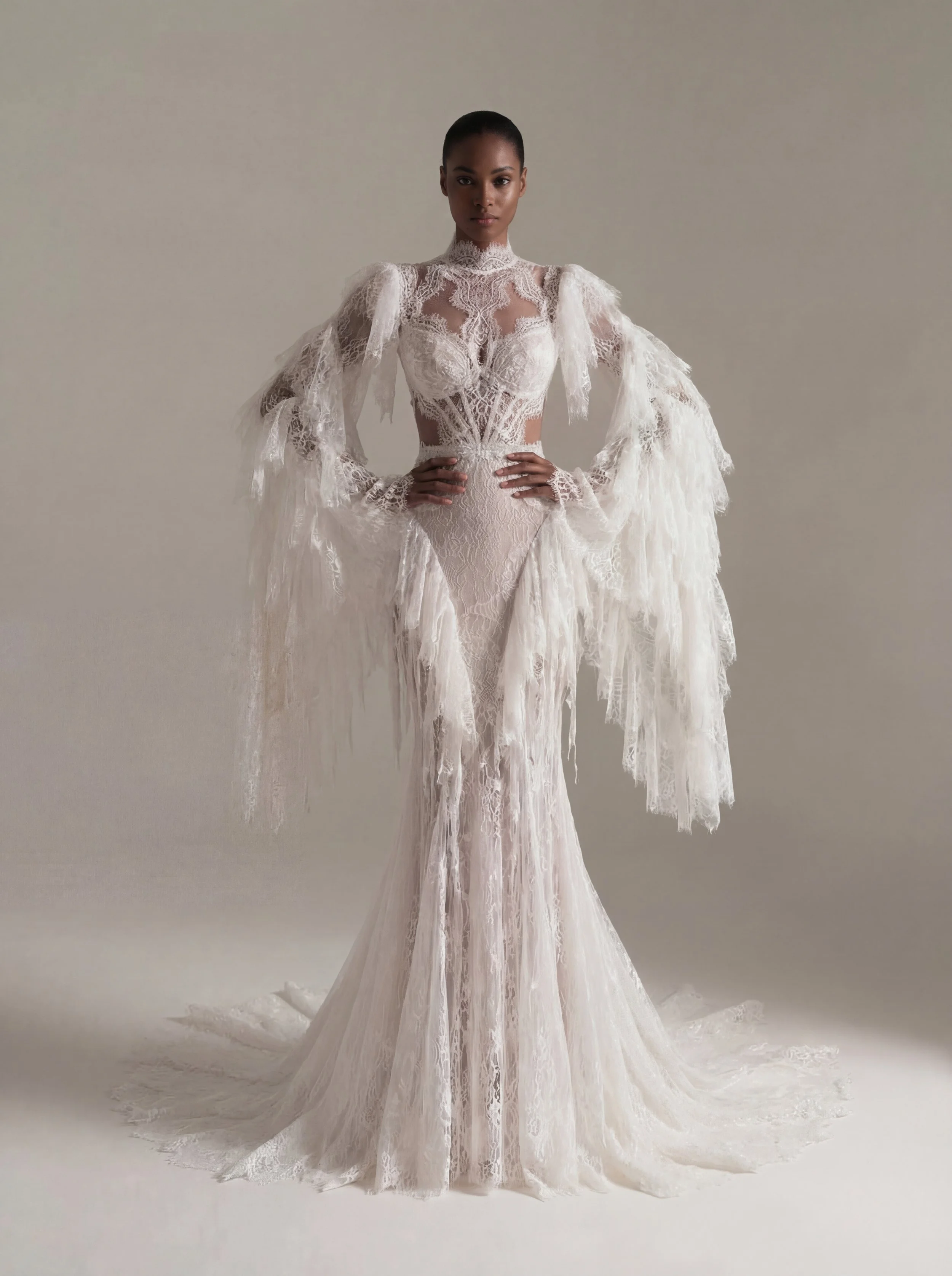 Vintage-inspired gothic lace wedding gown with dramatic sleeves – Odette by Lana Marinenko