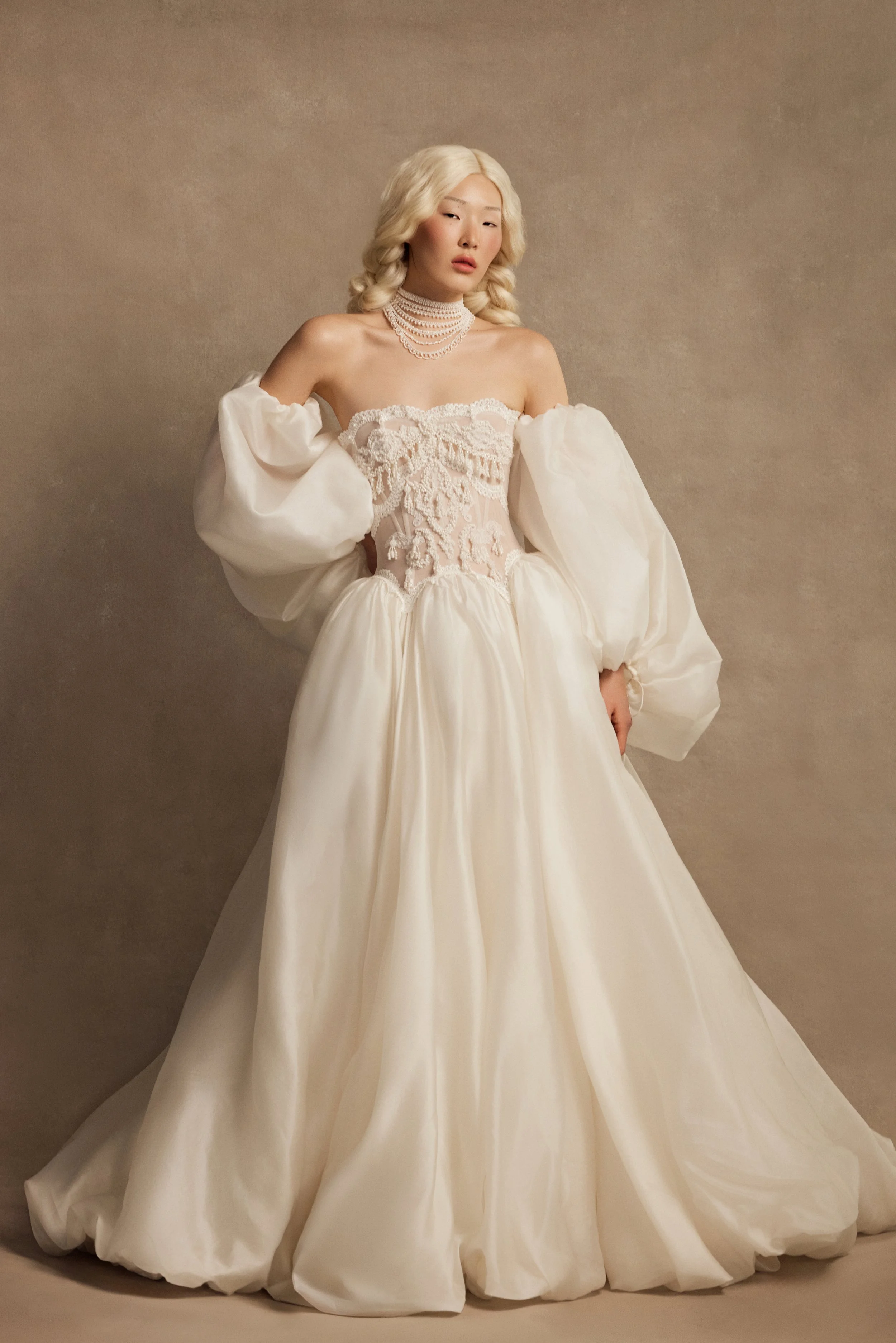 Bliss wedding dress by Rara Avis — full front view of princess lace corset bridal gown with pearl embroidery, beaded tassels, and puffed cream silk skirt