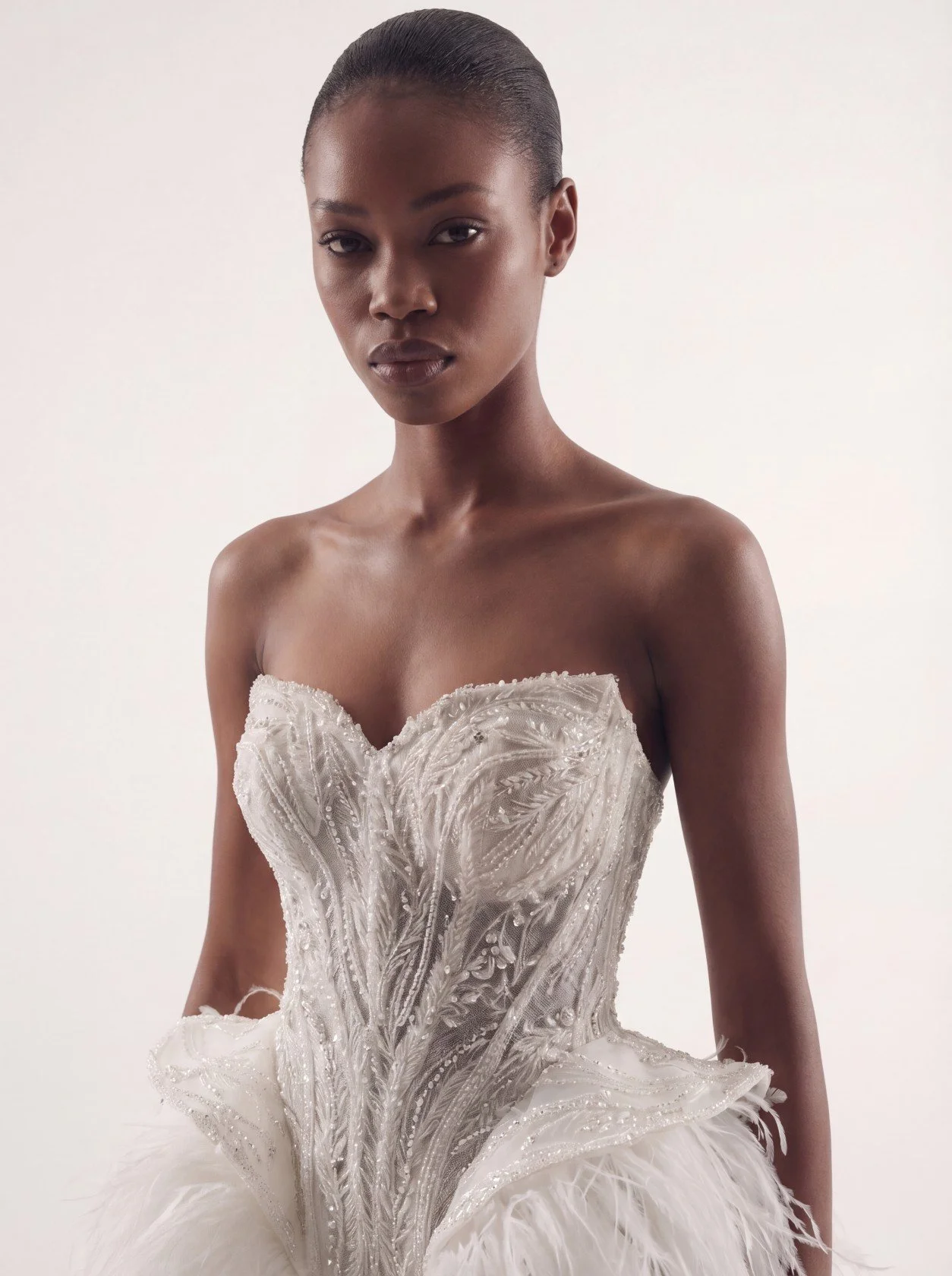 Lana Marinenko Feather Wedding Dress | Beaded Corset Gown with Feather Basque & Tulle Overskirt