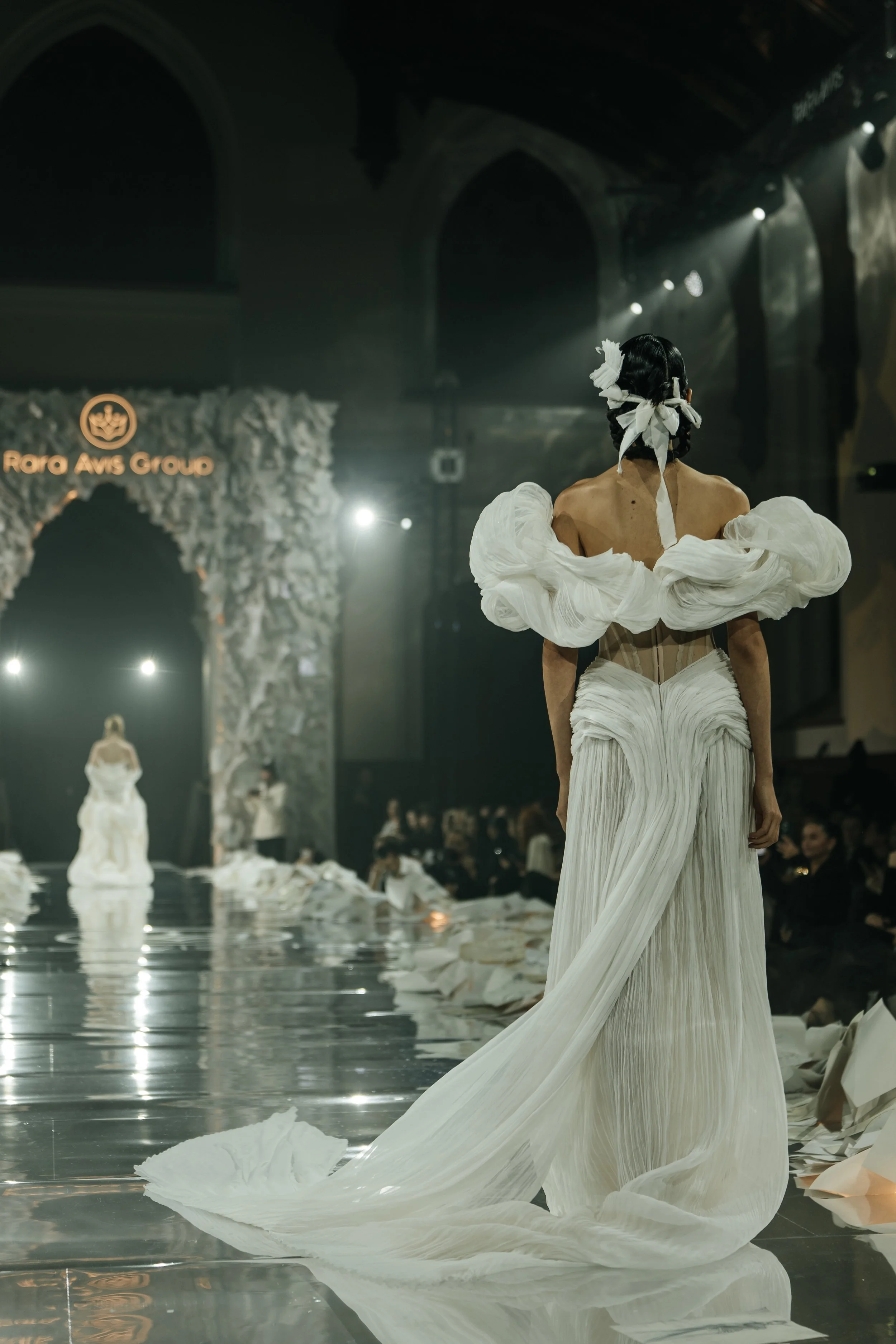 Glee wedding dress by Rara Avis — full front view of handmade silk bridal gown with off-shoulder volume from Anima Mea collection