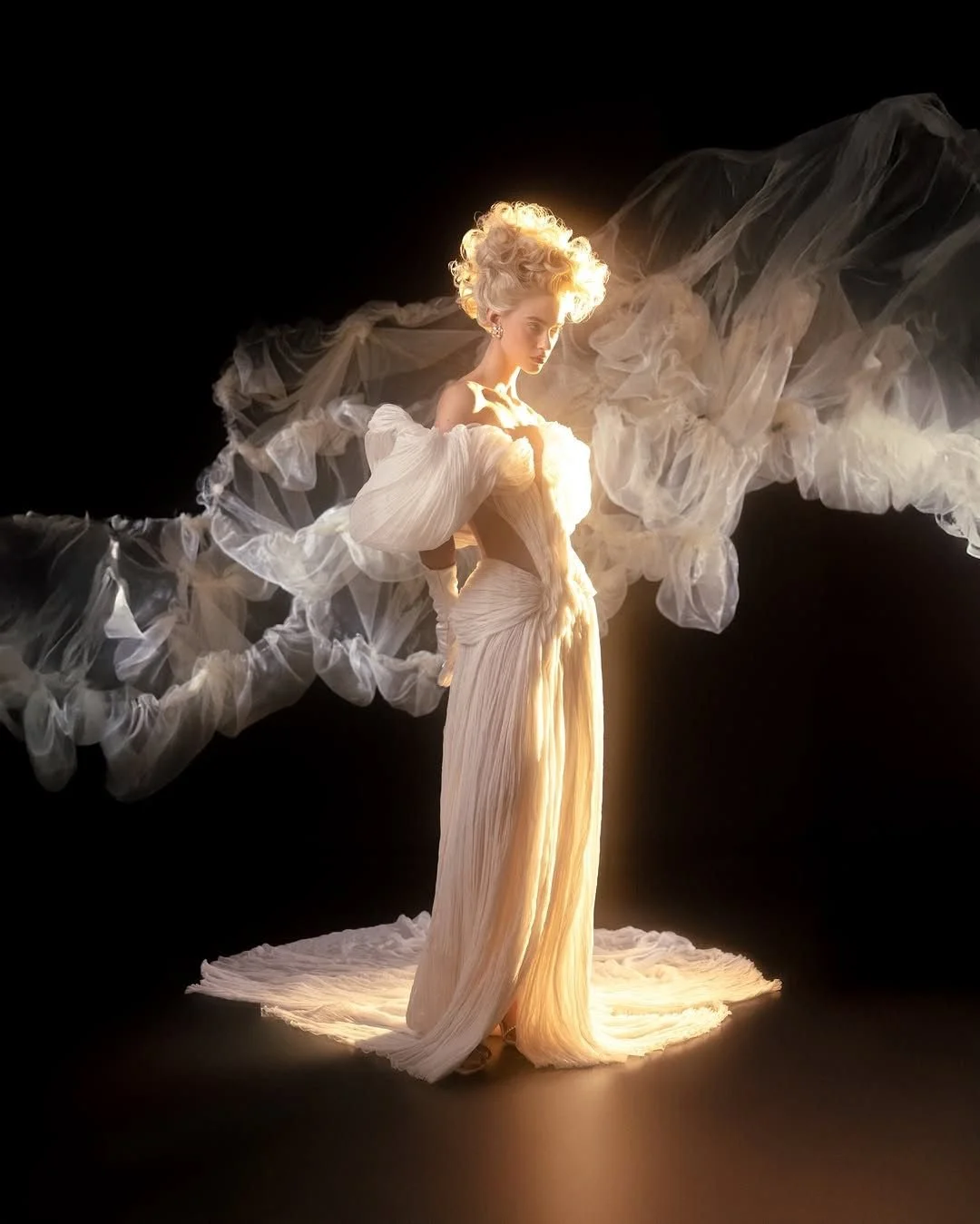 Glee wedding dress by Rara Avis — full front view of handmade silk bridal gown with off-shoulder volume from Anima Mea collection