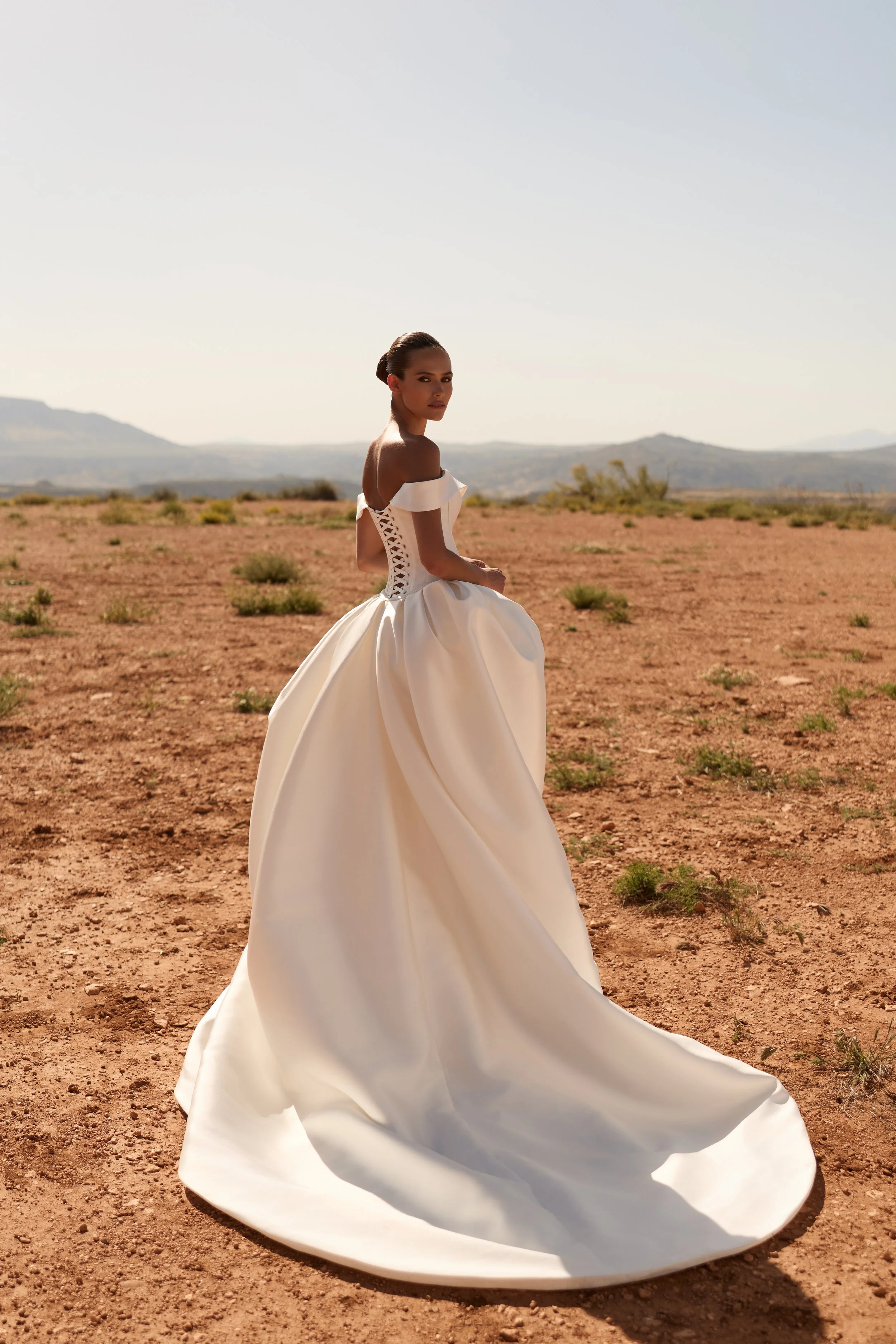 off-the-shoulder wedding dress, satin wedding dress, corset wedding dress, detachable overskirt wedding dress, convertible wedding dress, minimalist wedding dress NYC