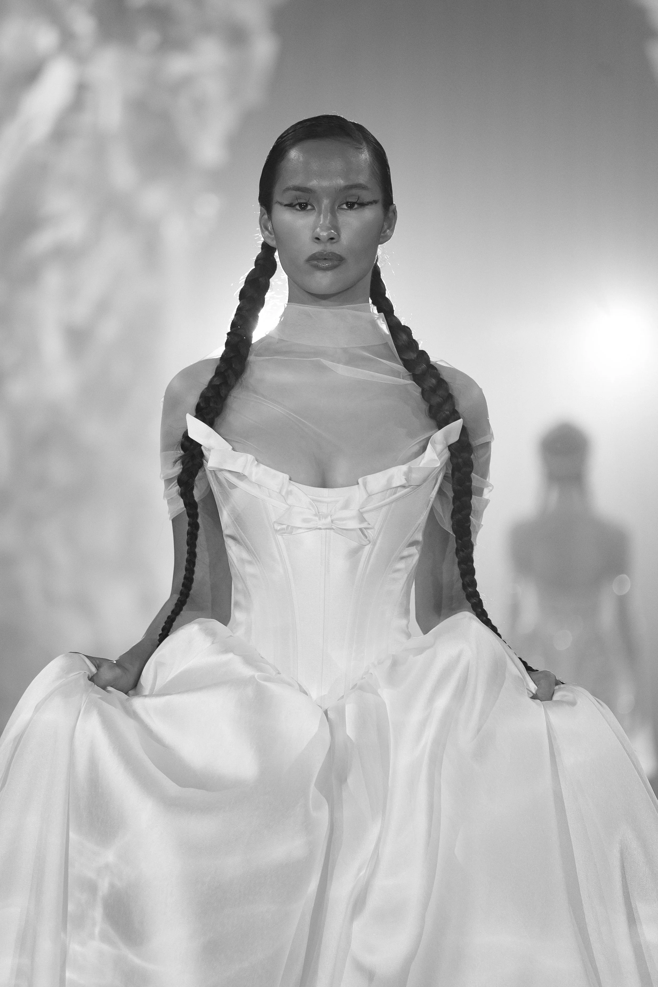 Ioanna wedding dress by Rara Avis — full front view of heavy satin ball gown with scoop neckline, ribbon trim detail, and dramatic long train