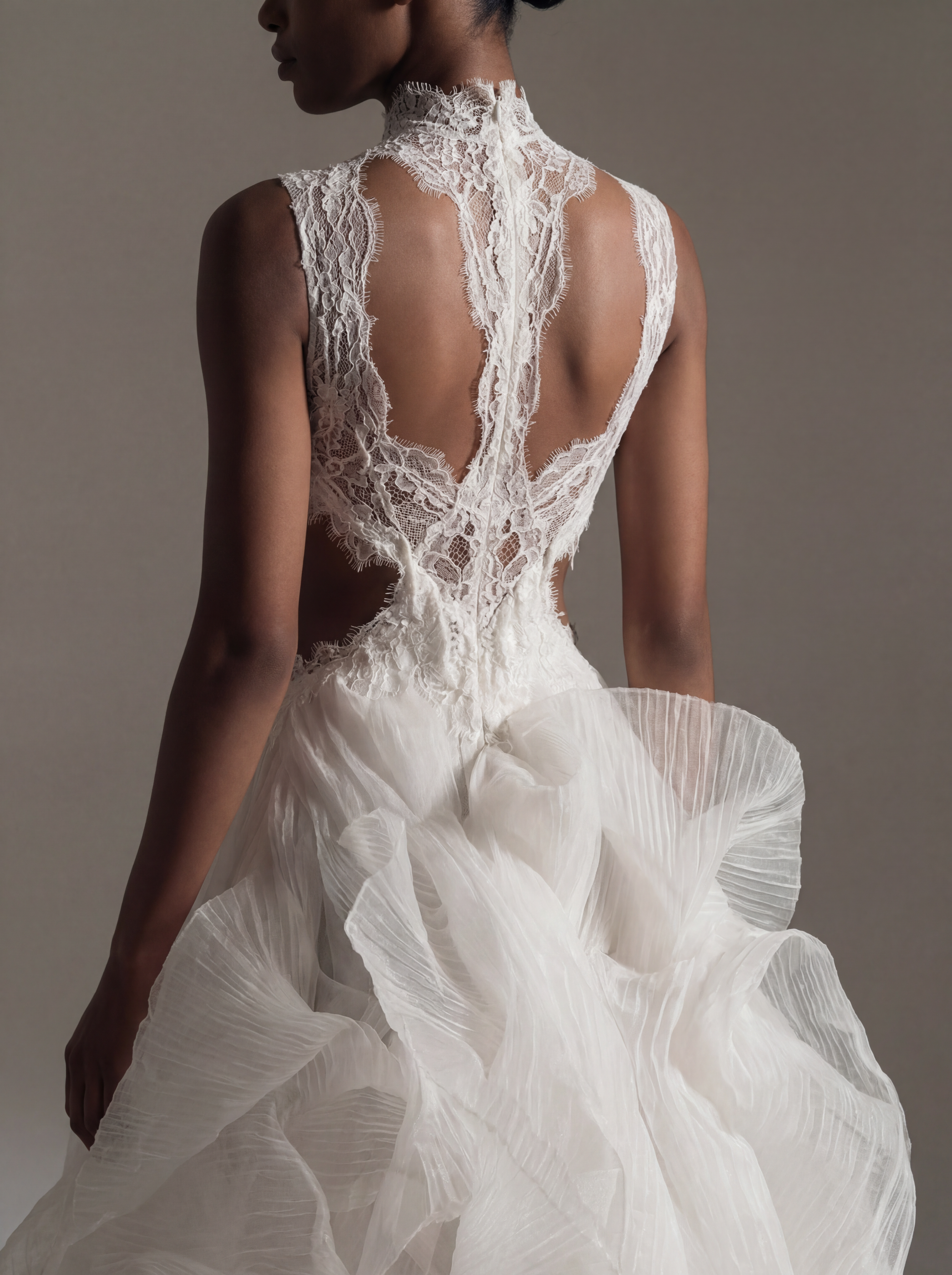 Feminine lace high-neck wedding dress with bold ruffled organza skirt – Edith