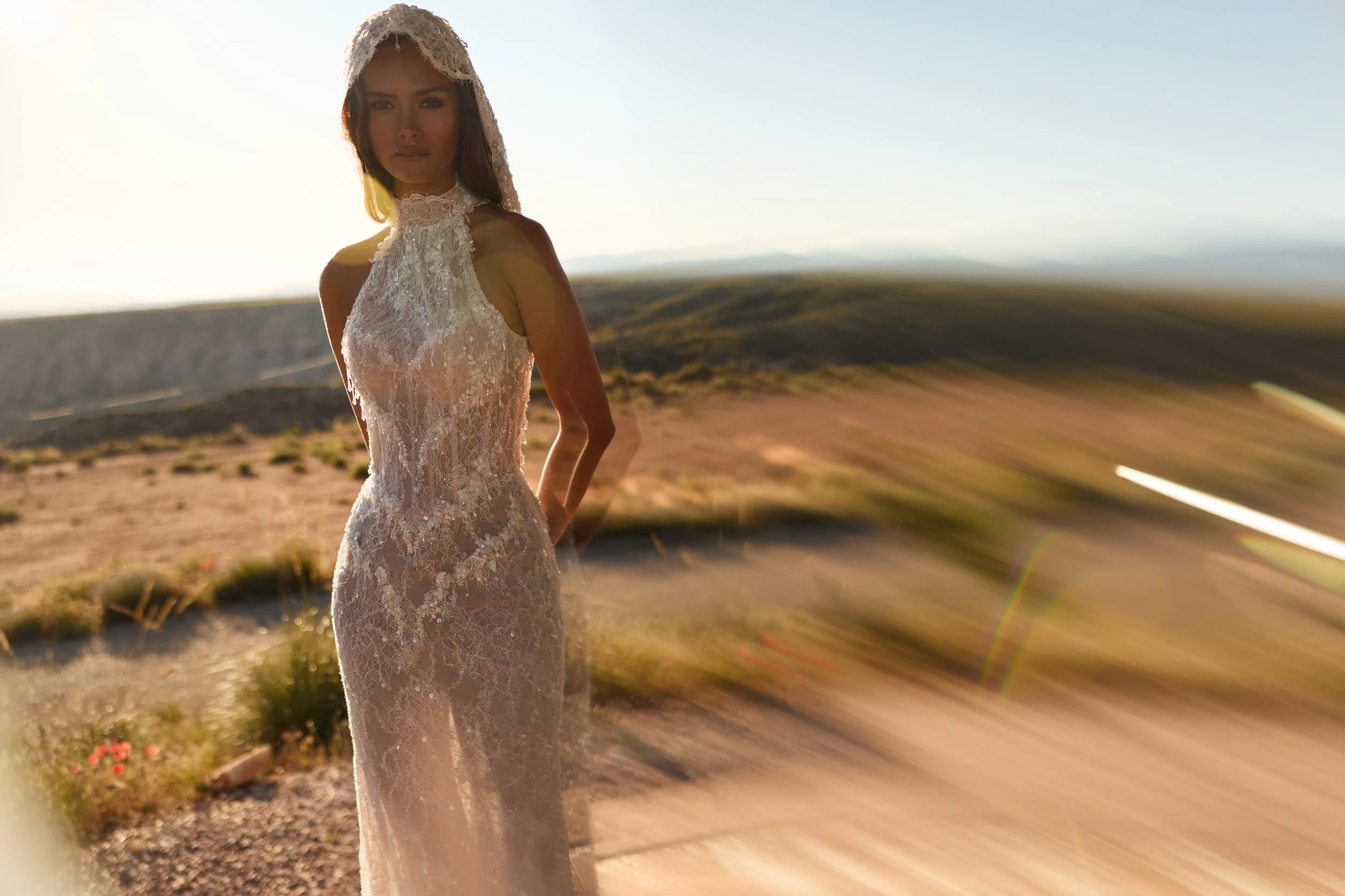 open back wedding dress, beaded lace wedding dress, halter neck wedding dress, sheer lace wedding gown, high neck lace wedding dress, fitted lace wedding dress NYC