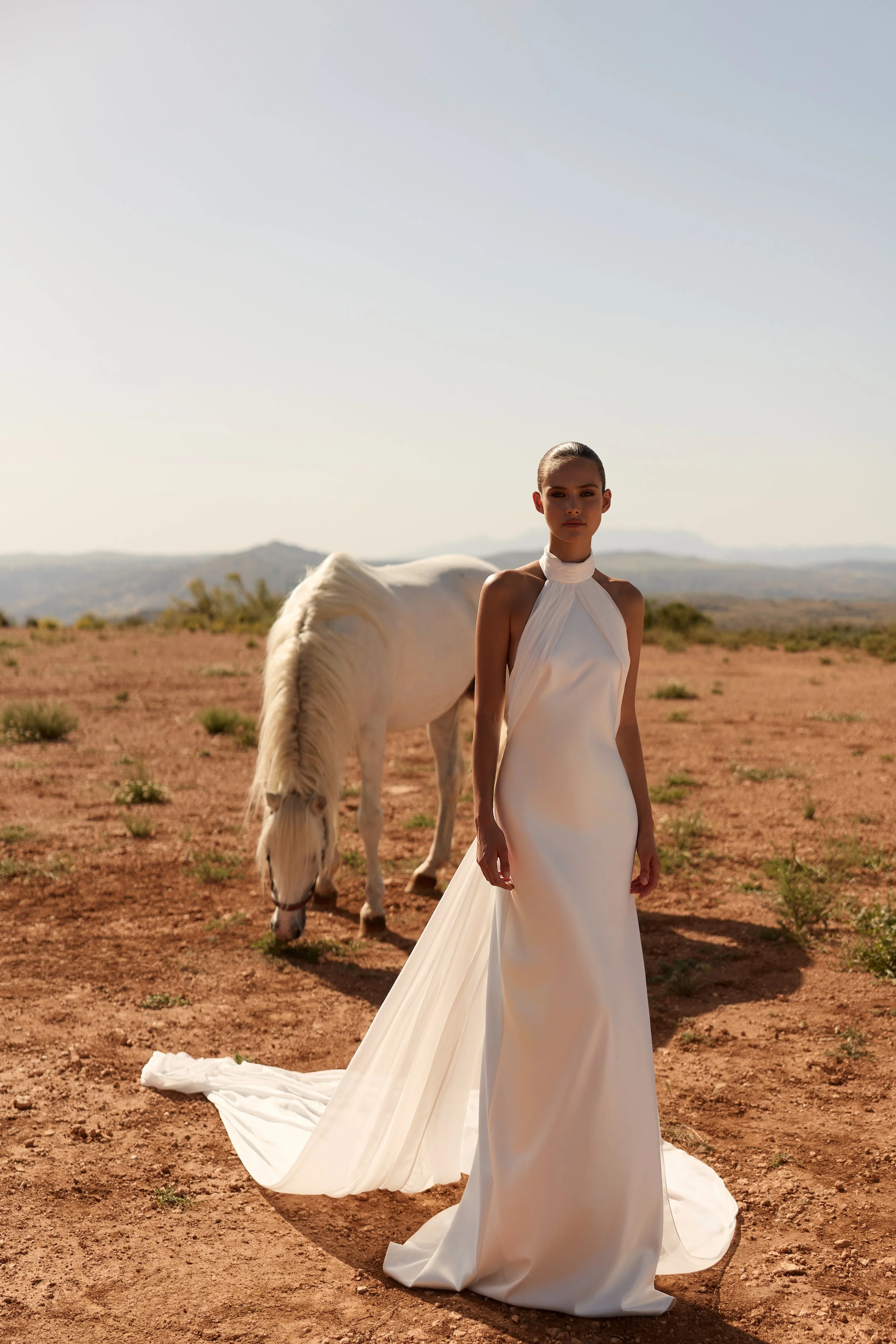 satin wedding dress, halter neck wedding dress, minimalist wedding dress, high neck wedding dress, wedding dress with chiffon train, modern satin wedding gown NYC