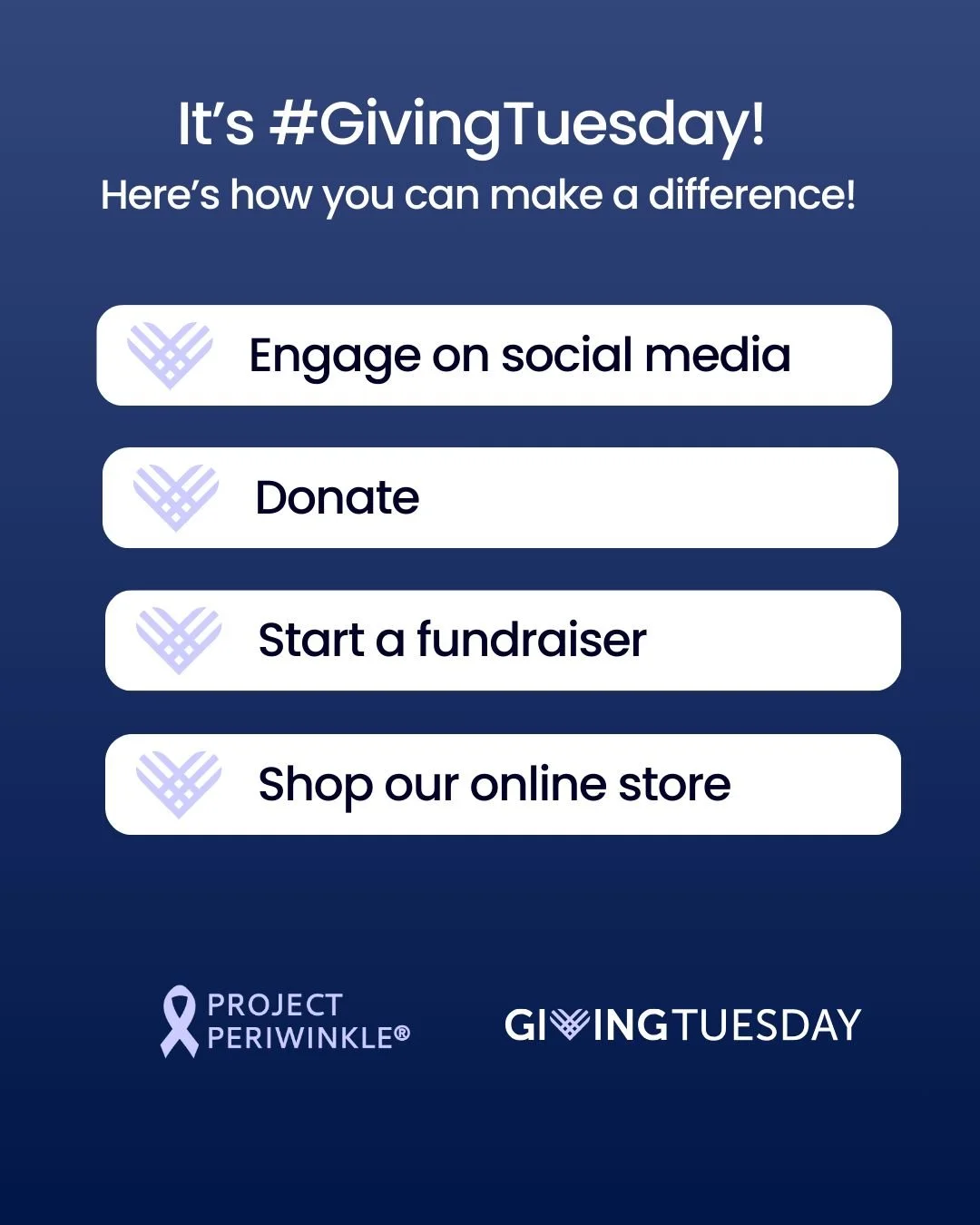 Visit www.projectperiwinkle.org/waystogive to learn more &amp; get involved!  Thank you for your support!

 #MakeADifference #CancerAdvocacy #PositiveImpact #CancerSupport #NonProfit #StomachCancerAwareness #GivingTuesday #ProjectPeriwinkle #StomachC