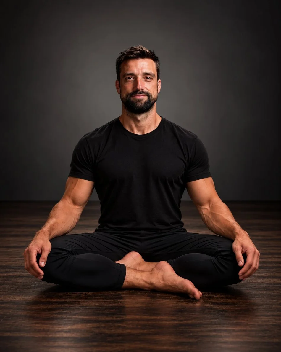 Aaron Alexander seated cross-legged on a wood floor, looking at the camera