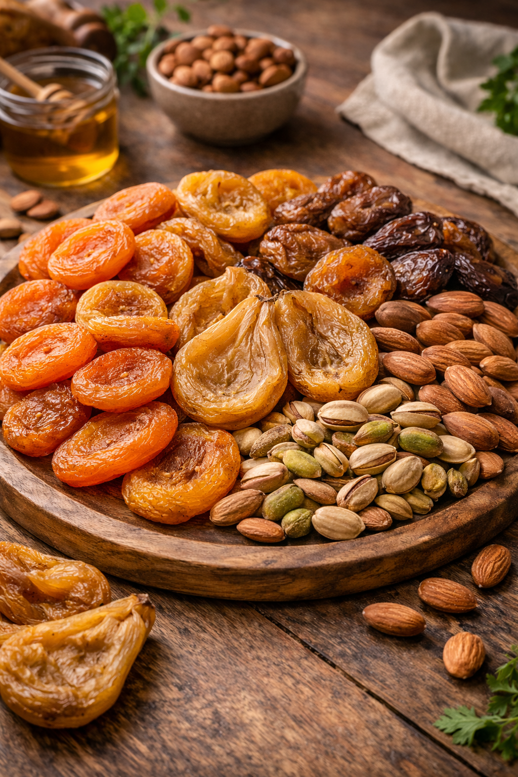 A wooden tray with dried apricots, dates, almonds, and pistachios, with honey and a jar of honey in the background, on a rustic wooden surface.