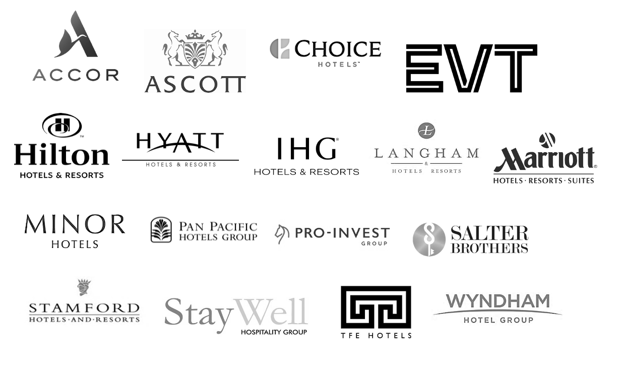 A collection of hotel and resort brand logos, including Accor, Ascott, Choice Hotels, EVT, Hilton, Hyatt, IHG, Langham, Marriott, Minor Hotels, Pan Pacific Hotels Group, Pro-Invest Group, Salter Brothers, Stamford Hotels and Resorts, StayWell Hospitality Group, TFE Hotels, and Wyndham Hotel Group.