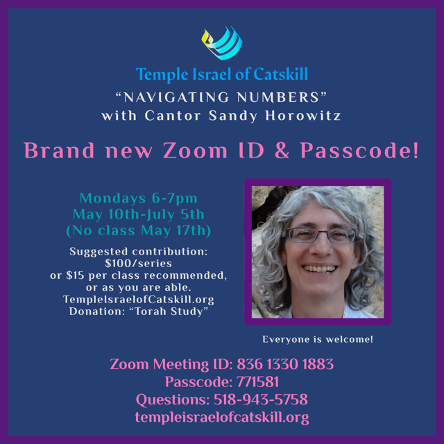 TORAH STUDY: “Navigating Numbers” with Cantor Sandy Horowitz at Temple Israel of Catskill