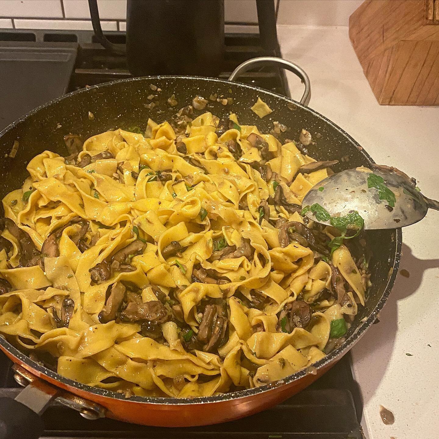 This hamburger helper lookin muhfucker is tagliatelle ai funghi. We hand rolled and cut the pasta.. wasn&rsquo;t as consistent as a rolling machine but fun for a change. Cooked the mushrooms down in a white wine sauce 🤤