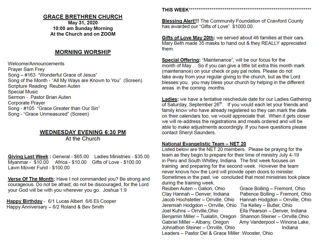 5/31/20 Bulletin