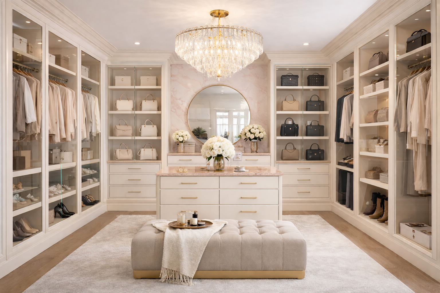 Luxury neurodesign walk-in closet with symmetrical layout, glass wardrobes, warm lighting, central island, and an organized design that reduces visual overwhelm