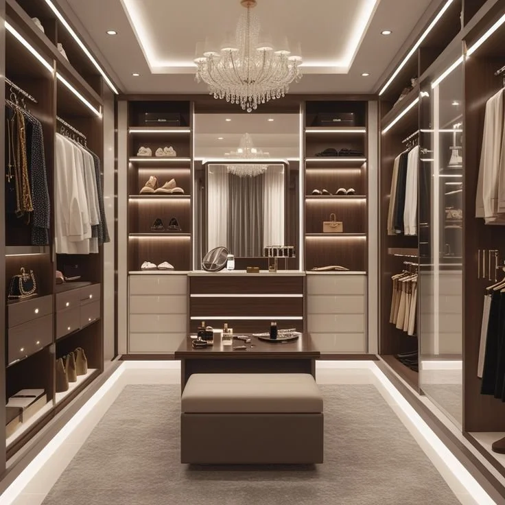 Luxury neurodesign walk-in closet with dark wood cabinetry, integrated LED lighting, and a balanced layout designed to reduce mental load and support daily routines