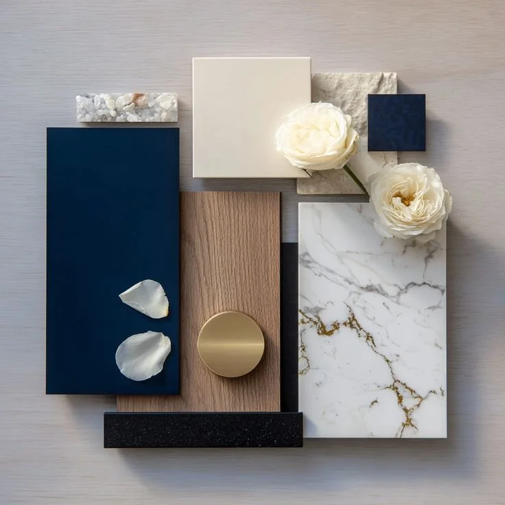 Luxury interior design material palette featuring marble, walnut wood, brass, and calming neutral finishes used in neurodesign interiors in Los Angeles