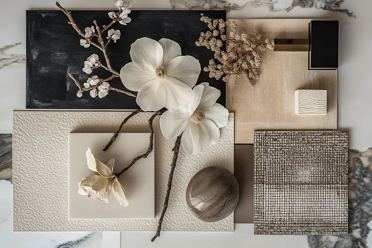 Calm luxury interior design mood board with natural textures and organic elements reflecting a neurodesign approach in Los Angeles