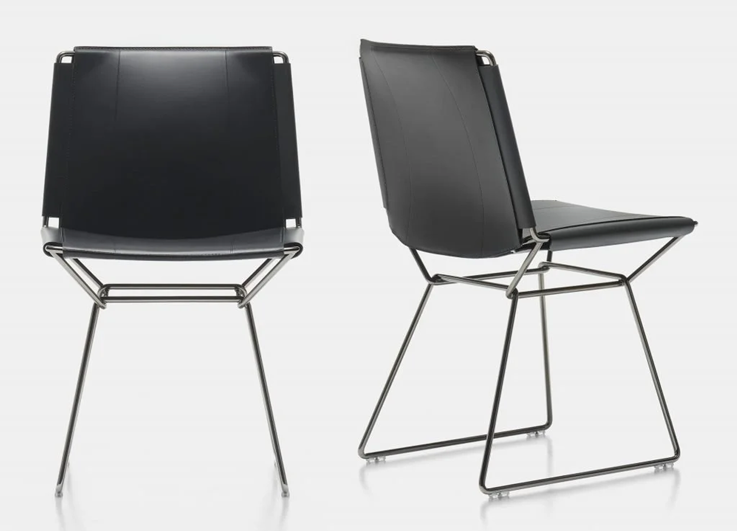 NEIL dining chair with black chrome metal structure and leather seat