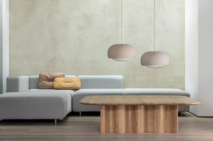Gema L ceiling lighting by Laura Gämmerler & Pedro Sottomayor with a mouth-blown Murano glass diffuser suspended above a contemporary kitchen island.