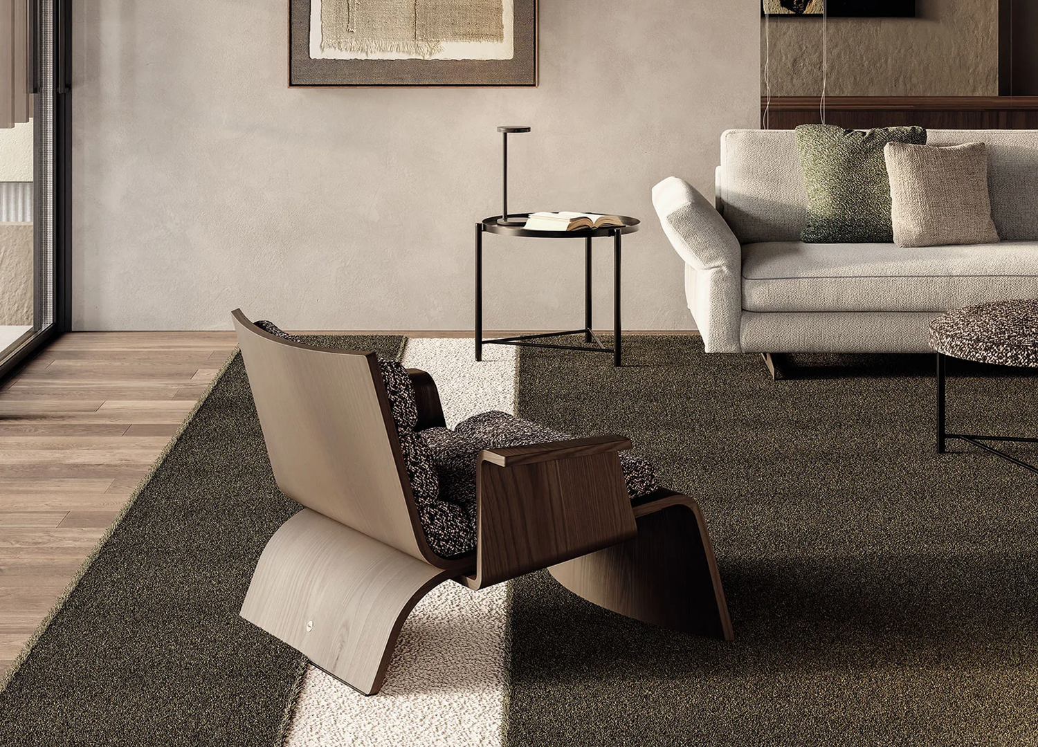 Linda Chair curved wood lounge seating with elegant sculptural profile