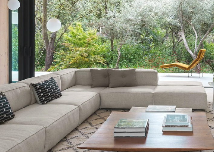 Neowall sectional sofa featuring a low-profile, modular layout in beige fabric, styled with accent pillows, a patterned rug, and a large wooden coffee table.