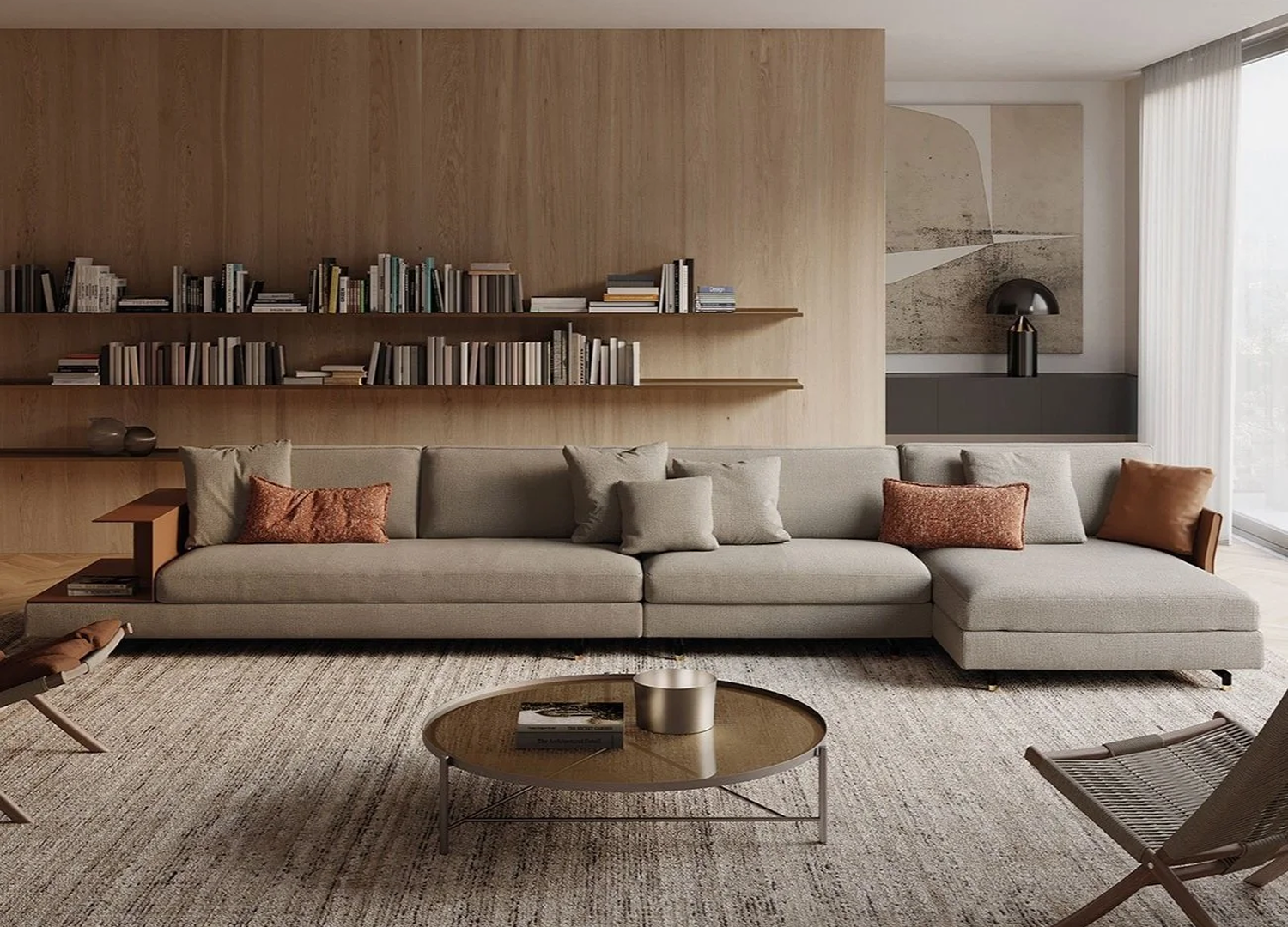 DAVIS SYSTEM sofa with integrated marble wood or leather table elements