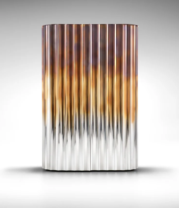Dorica cabinet by Matteo Nunziati featuring a fluted wood exterior and sculptural vertical design.