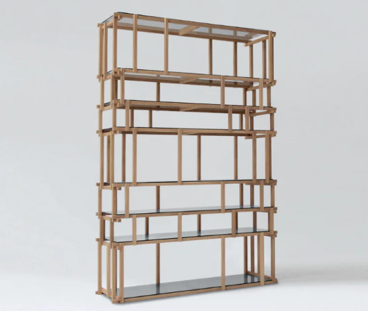 Modern Off Cut bookcase featuring an intricate light wood lattice frame with glass shelf inserts.