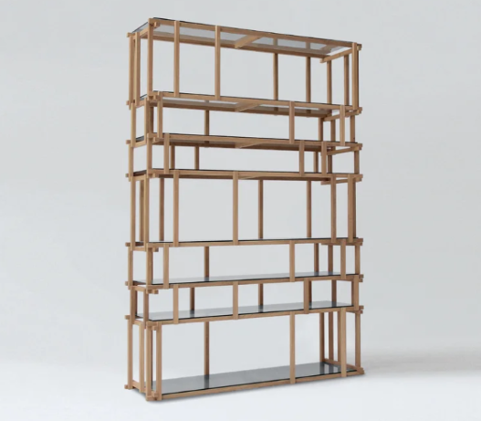Offcut bookcase featuring an intricate lattice framework crafted from solid natural wood with glass shelves, isolated against a light grey background.