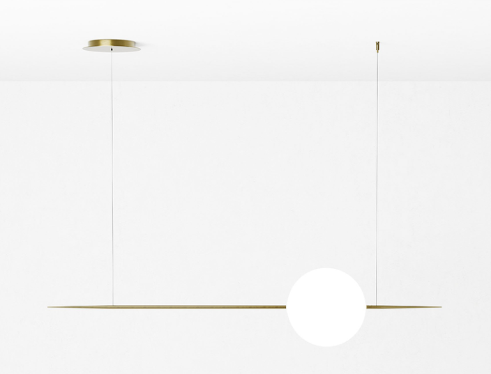 Ad-Astra pendant light featuring a sleek horizontal brass rod suspended by thin cables, with a glowing white spherical diffuser off-center.