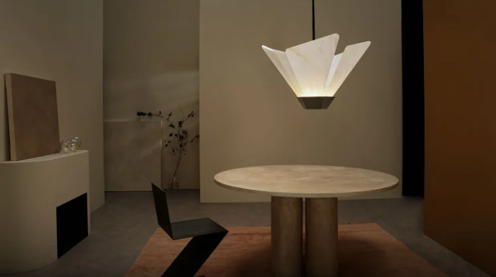 Shard Pendant by CTO Lighting with a brass pentagon base and honed alabaster shade.