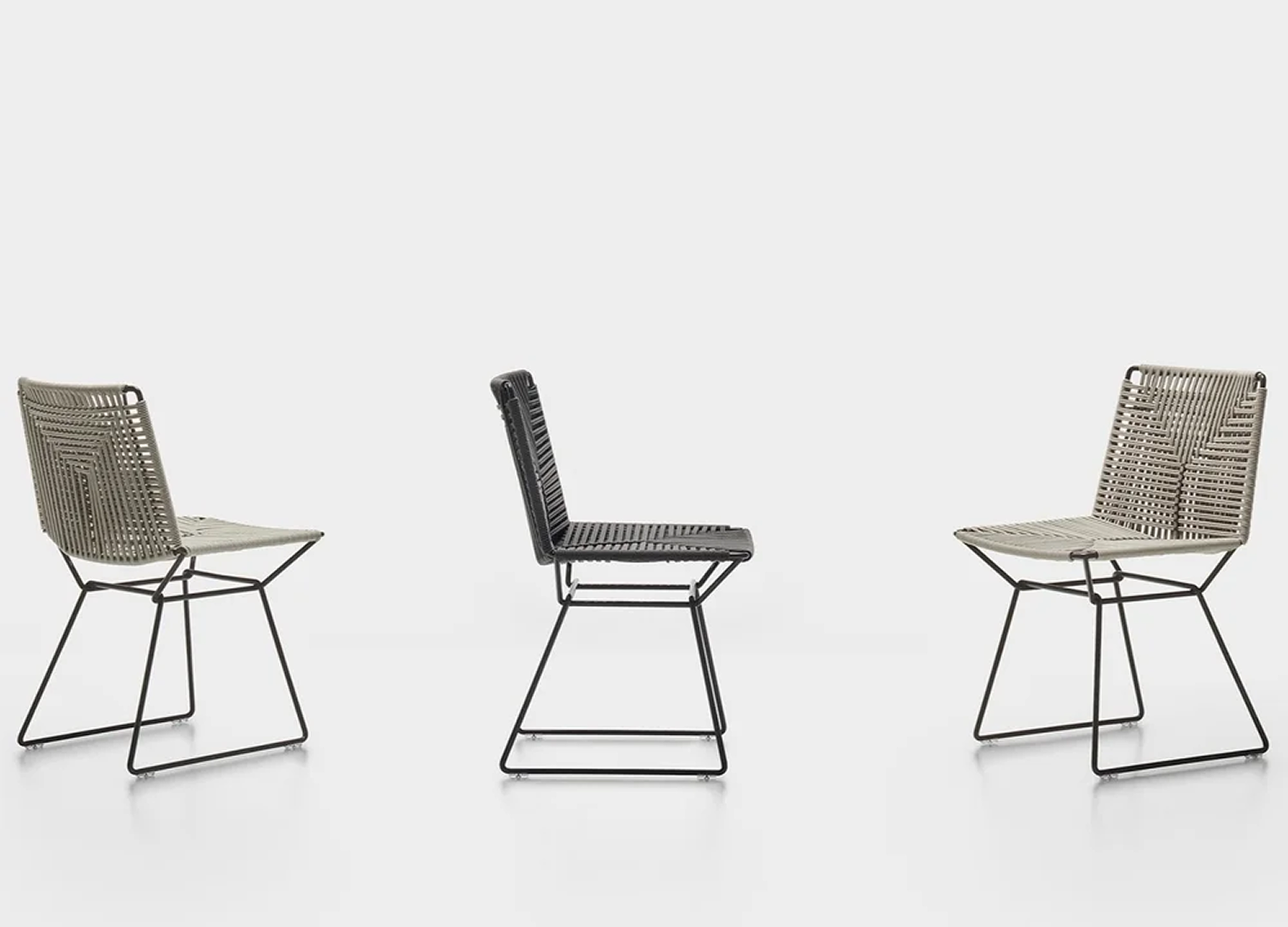 Neil Upholstered Dining Chair with sculptural braided rope back and steel frame
