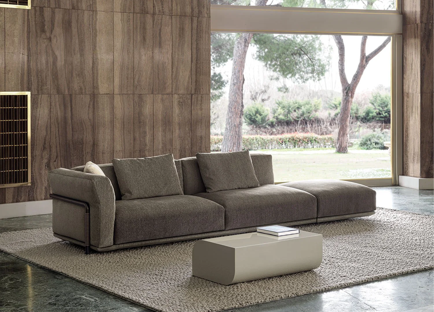 Felix contemporary sofa with sand titanium or burgundy metal finish