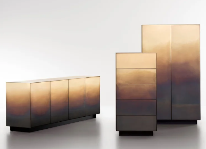 Marea cabinet by Zanellato/Bortotto in oak structure clad in copper finish with natural birch interior.