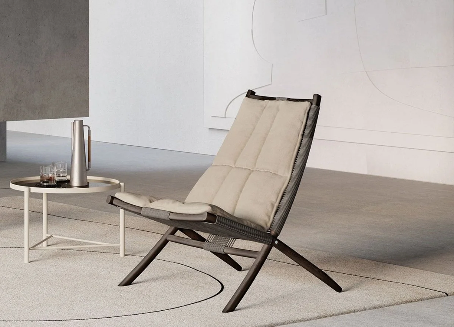 HULI wooden lounge chair with woven seat and back