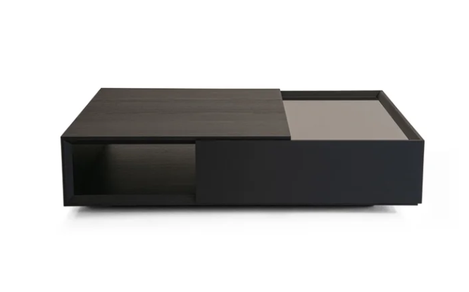 Twin Low table in bruno-stained ash wood with a recessed travertine top.
