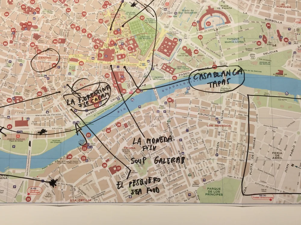  Map of our restaurant goals! La Fioremina, La Moneda (fish), El Pesquero (seafood), etc.  Image credit:  Micaela van Zwoll  
