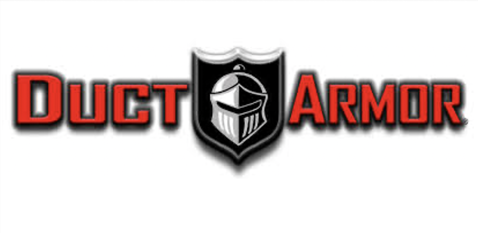 Logo for duct armor featuring a black shield with a silver knight's helmet in the center, with the words 'DUCT' in red on the left and 'ARMOR' in red on the right.
